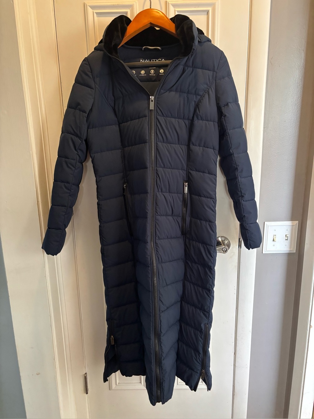 Nautica Navy Long Quilted Puffer Coat with Hood